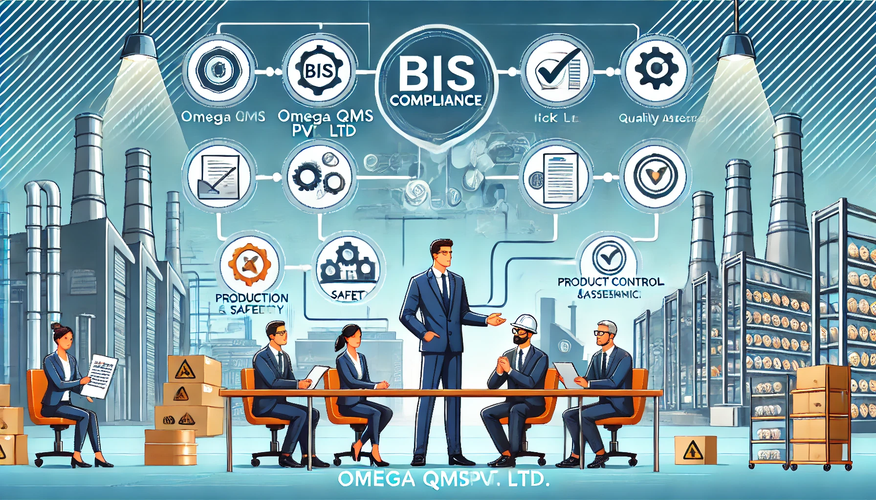 DALL·E 2024 12 13 12.12.50 A Visually Engaging Corporate Illustration Showcasing BIS Compliance And Quality Assurance. The Scene Includes A Professional Consultant Representing 