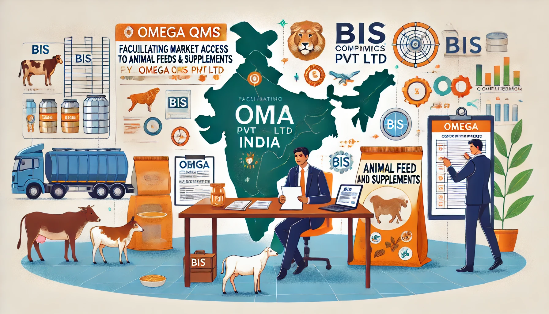 DALL·E 2025 01 10 15.16.17 A Professional Illustration Showcasing The Theme Of Facilitating Market Access To India For Animal Feeds And Supplements By Omega QMS Pvt Ltd. The S